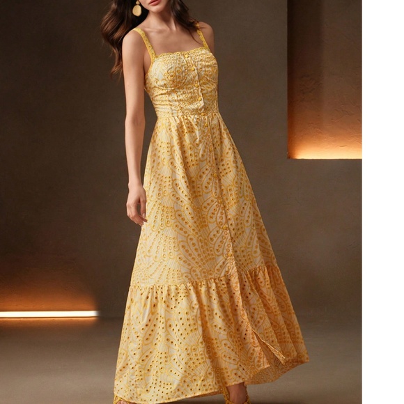 Boho Yellow Eyelet Button down High Waisted Maxi Dress - Picture 3 of 5